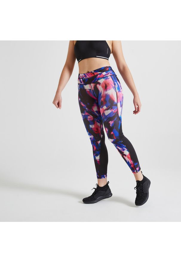 DOMYOS - Legginsy fitness Domyos FTI 500R. Kolor: wielokolorowy, czarny. Materiał: materiał, poliester, elastan, poliamid. Sport: fitness