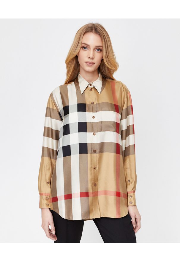 Burberry - BURBERRY - Jedwabna koszula w kratkę Vintage. Kolor: beżowy. Materiał: jedwab. Długość rękawa: długi rękaw. Długość: długie. Wzór: kratka. Styl: vintage