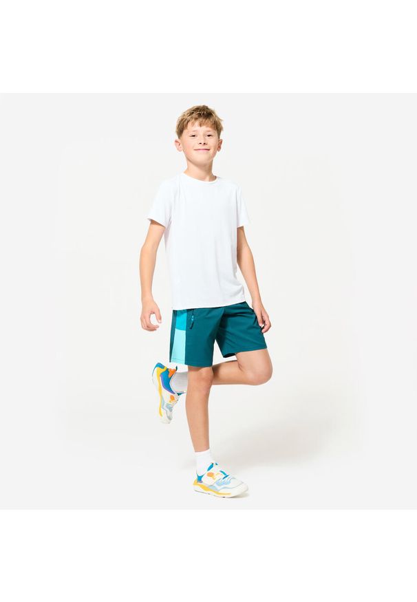 Decathlon - Spodenki sportowe dla dzieci Domyos. Kolor: wielokolorowy, niebieski, zielony. Materiał: materiał, poliester. Styl: sportowy. Sport: fitness