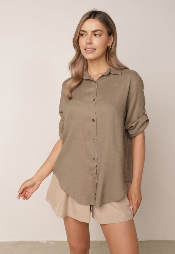 Born2be - Beżowa Koszula Casual z Wiskozą i Lnem z Rękawami 3/4 Linyana. Okazja: na co dzień. Typ kołnierza: kołnierzyk klasyczny. Kolor: beżowy. Materiał: wiskoza, len. Długość: długie. Styl: casual