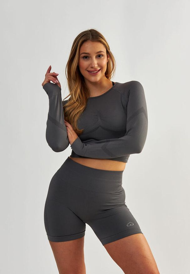 BESHAPED - Longsleeve fitness damski Beshaped Power Up! bezszwowy. Kolor: szary. Materiał: nylon. Długość rękawa: długi rękaw. Sport: fitness