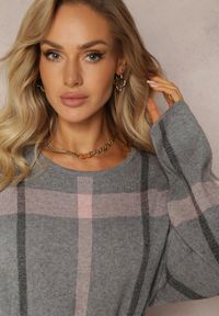 Renee - Szara Midi Sukienka w Kratę z Kieszeniami o Pudełkowym Fasonie Bamira. Kolor: szary. Długość rękawa: długi rękaw. Długość: midi #3