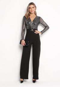Born2be - Czarno-Srebrny Długi Kombinezon z Kopertowym Dekoltem i Paskiem Rietia. Kolor: czarny. Długość: długie #4