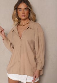 Renee - Beżowa Koszula z Modalem o Fasonie Oversize Adavelle. Okazja: na co dzień. Typ kołnierza: dekolt w serek, kołnierzyk klasyczny. Kolor: beżowy. Materiał: jeans, materiał. Długość rękawa: długi rękaw. Długość: długie. Styl: klasyczny, elegancki, casual #4