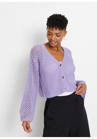 bonprix - Sweter rozpinany. Kolor: fioletowy. Długość: krótkie. Wzór: ażurowy