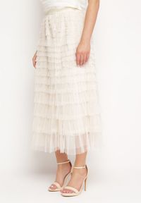 Born2be - Jasnobeżowa Rozkloszowana Spódnica Maxi z Falbankami z Tiulu Davena. Kolor: beżowy. Materiał: tiul. Wzór: aplikacja #5