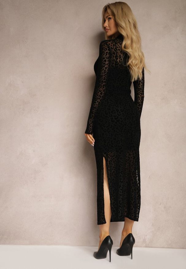 Renee - Czarna Transparentna Sukienka z Welurowym Wzorem w Panterkę z Rozcięciami Zailnn. Okazja: na co dzień. Kolor: czarny. Materiał: welur. Długość rękawa: długi rękaw. Wzór: motyw zwierzęcy. Typ sukienki: dopasowane. Styl: wizytowy, casual, elegancki