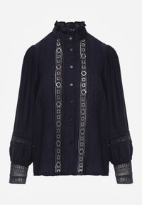 Renee - Granatowa Koszula ze Stójką i Koronką Phaeninca. Okazja: na co dzień. Typ kołnierza: kołnierzyk stójkowy. Kolor: niebieski. Materiał: koronka. Wzór: koronka. Styl: casual, elegancki #4