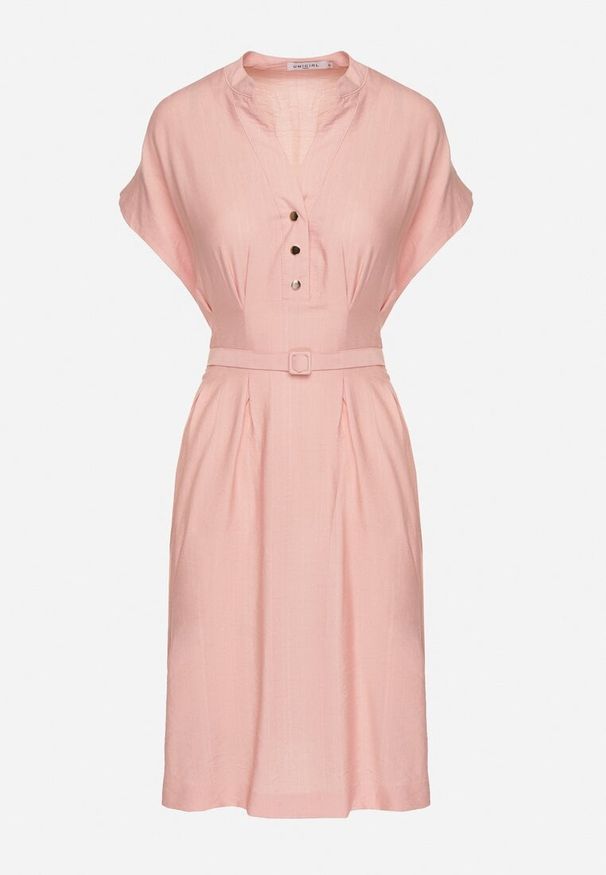 Born2be - Różowa Sukienka z Wiskozy o Rozkloszowanym Kroju z Paskiem Sepina. Okazja: na co dzień. Typ kołnierza: dekolt w serek. Kolor: różowy. Materiał: wiskoza. Długość rękawa: krótki rękaw. Wzór: aplikacja. Sezon: lato. Styl: klasyczny, casual, elegancki