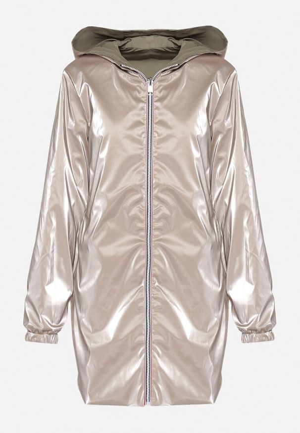 Born2be - Ciemnozielona Kurtka Dwustronna z Nieodpinanym Kapturem i Metalicznym Efektem Lirednil. Kolor: zielony. Wzór: gładki. Styl: elegancki