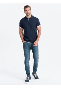Ombre Clothing - Bawełniana męska koszulka polo z kontrastowymi wykończeniami – granatowa V4 - Rozmiar: M. Typ kołnierza: polo. Kolor: niebieski. Materiał: bawełna. Wzór: haft #2