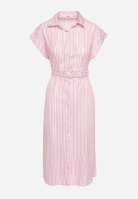 Born2be - Różowa Bawełniana Sukienka Koszulowa z Materiałowym Paskiem w Talii Nelarinda. Typ kołnierza: kołnierzyk klasyczny. Kolor: różowy. Materiał: bawełna, materiał. Typ sukienki: koszulowe. Styl: elegancki, klasyczny #2