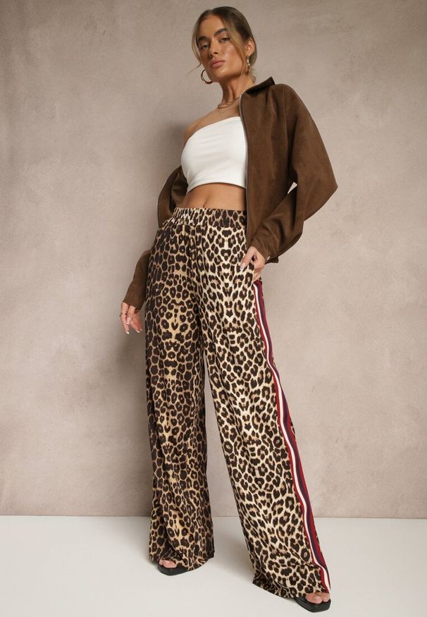 Renee - Brązowe Spodnie z Wiskozą High Waist o Szerokim Kroju z Lampasami Elosina. Stan: podwyższony. Kolor: brązowy. Materiał: wiskoza