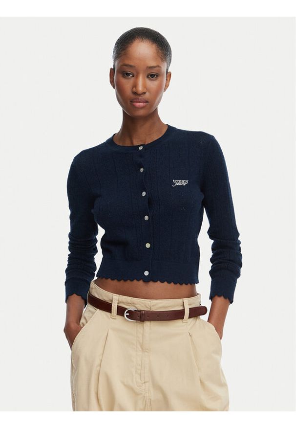 Tommy Jeans Kardigan Pointelle DW0DW22931 Granatowy Regular Fit. Kolor: niebieski. Materiał: wiskoza