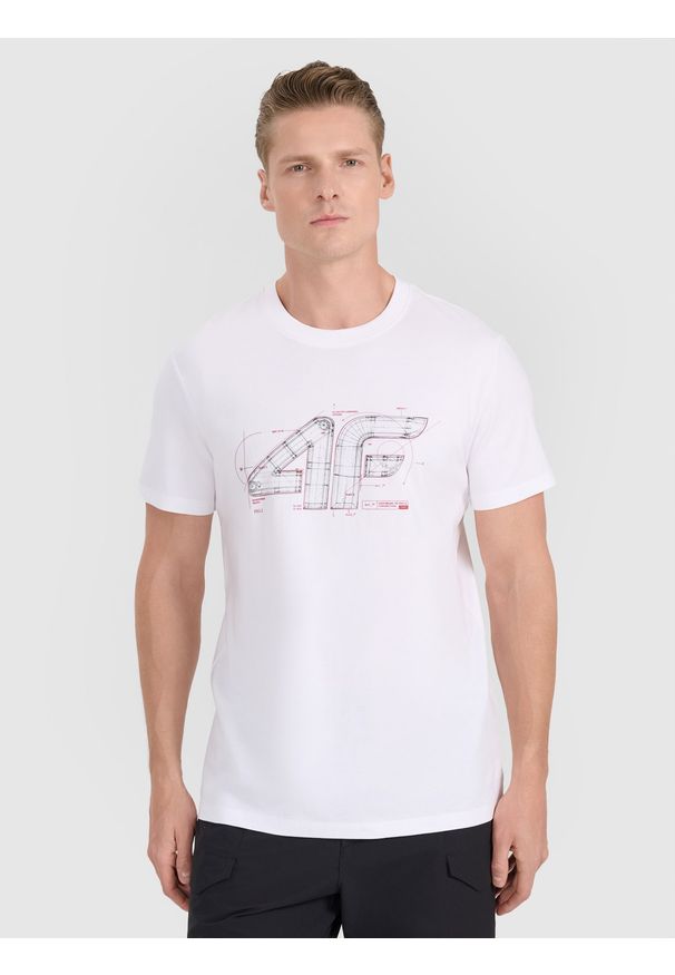 4f - 4F T-shirt regular z nadrukiem męski - biały XXL. Okazja: na co dzień. Kolor: biały. Materiał: bawełna, materiał, jersey. Długość rękawa: krótki rękaw. Długość: krótkie. Wzór: nadruk. Styl: klasyczny, casual, sportowy