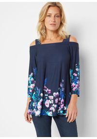 bonprix - Shirt cold-shoulder, z kwiatowym nadrukiem. Kolor: niebieski. Wzór: kwiaty, nadruk