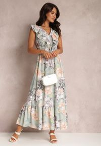 Renee - Miętowa Sukienka Kerna. Typ kołnierza: kołnierz z falbankami. Kolor: miętowy. Materiał: materiał. Długość rękawa: bez rękawów. Długość: maxi