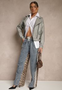 Renee - Szara Kurtka o Kroju Ramoneski z Paskiem z Klamrą Nalivra. Okazja: na co dzień. Kolor: szary. Materiał: jeans, poliester. Sezon: wiosna. Styl: klasyczny, elegancki, casual #4