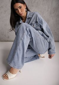 Renee - Niebieskie Jeansy Szerokie z Bawełny High Waist Ozdobione Perełkami i Wycięciami Nenelsea. Okazja: na co dzień. Stan: podwyższony. Kolor: niebieski. Wzór: aplikacja. Styl: casual #1