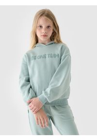 4f - 4F Bluza dresowa nierozpinana z kapturem dziewczęca - turkusowa 146 (10-11 lat). Okazja: na co dzień. Typ kołnierza: kaptur. Kolor: turkusowy. Materiał: dresówka. Wzór: ze splotem, napisy, gładki. Sezon: lato. Styl: sportowy, klasyczny, casual #1