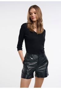 Ochnik - Skórzane czarne spodenki damskie croco. Kolor: czarny. Materiał: skóra. Długość: krótkie. Styl: elegancki, klasyczny #2