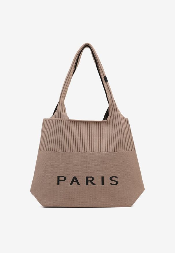 Renee - Beżowa Trapezowa Torebka Typu Shopper z Ozdobnym Napisem Salirenia. Kolor: beżowy. Wzór: napisy. Styl: biznesowy, elegancki, casual