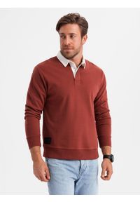 Ombre Clothing - Bluza męska z białym kołnierzykiem polo - bordowa V3 - Rozmiar: L. Typ kołnierza: polo. Kolor: czerwony. Materiał: materiał, poliester, bawełna