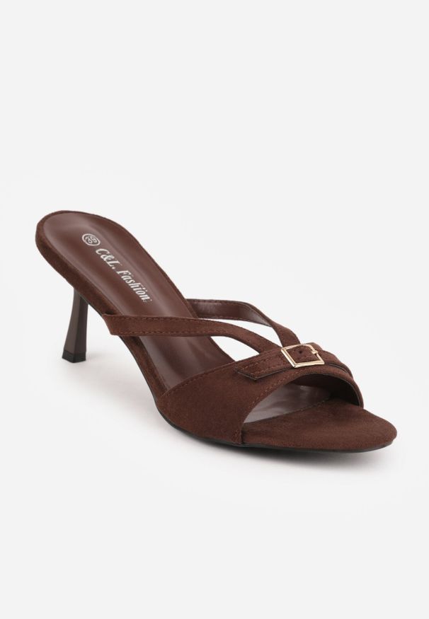 Born2be - Brązowe Eleganckie Klapki na Szpilce z Ozdobnymi Paskami i Sprzączką Malirodia. Okazja: na ślub cywilny, na wesele. Kolor: brązowy. Materiał: satyna. Wzór: paski. Obcas: na szpilce. Styl: elegancki