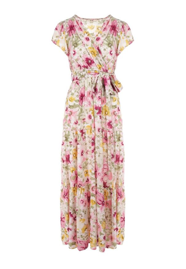 Born2be - Biało-Różowa Sukienka Chionassa. Typ kołnierza: kołnierz z falbankami. Kolor: biały. Materiał: materiał. Długość rękawa: krótki rękaw. Wzór: kolorowy, kwiaty. Sezon: lato. Typ sukienki: kopertowe. Długość: maxi