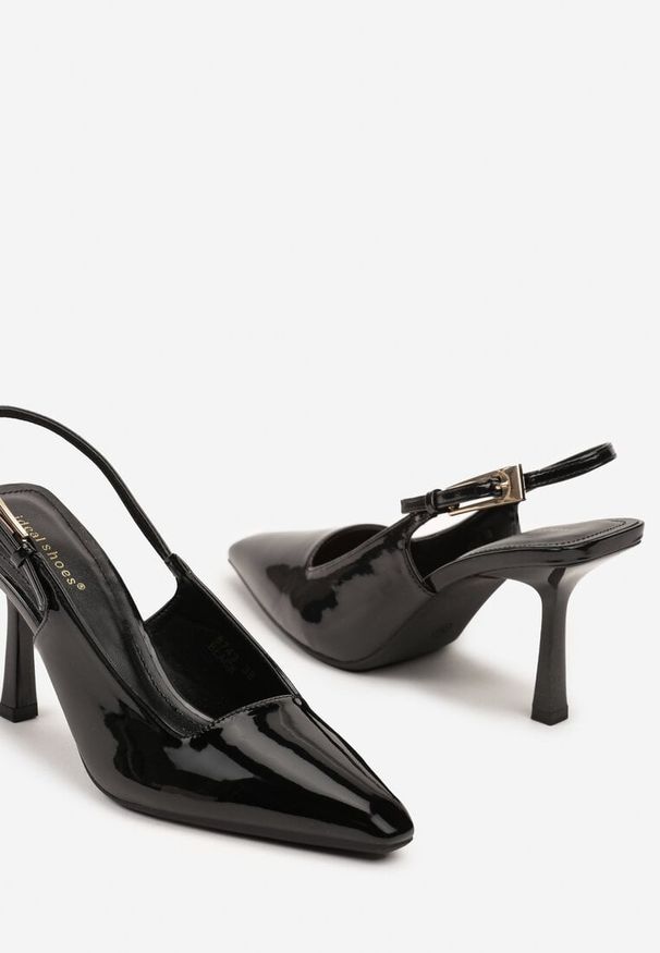Renee - Czarne Eleganckie Lakierowane Sandały na Obcasie Elizara. Zapięcie: sprzączka. Kolor: czarny. Materiał: lakier. Obcas: na obcasie. Styl: elegancki. Wysokość obcasa: średni