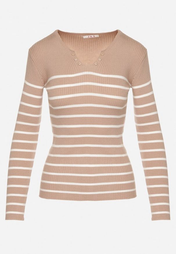 Born2be - Beżowa Bluzka z Bawełną w Paski Ozdobiona Guzikami Gelvila. Okazja: na co dzień. Kolor: beżowy. Materiał: bawełna. Wzór: paski, aplikacja. Styl: casual