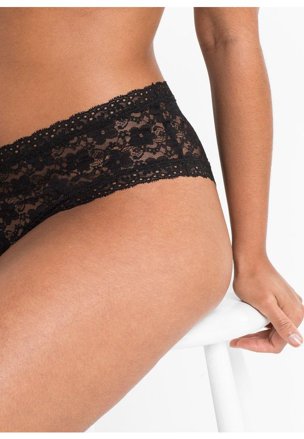 bonprix - Figi hipster (2 pary). Kolor: czarny. Materiał: koronka. Wzór: koronka