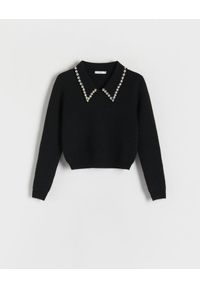 Reserved - Sweter z ozdobnym kołnierzem - czarny. Kolor: czarny. Materiał: dzianina, wełna. Długość: krótkie