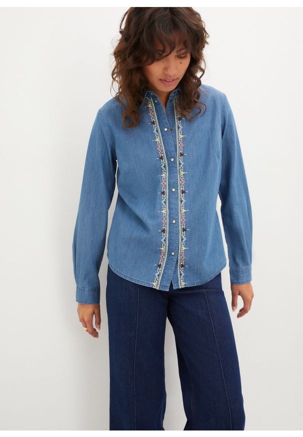 bonprix - Bluzka dżinsowa oversized z haftem. Kolor: niebieski. Wzór: haft