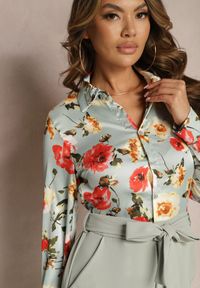 Renee - Zielony Elegancki Kombinezon z Koszulową Górą w Kwiaty Wiązany w Talii Klerovia. Kolor: zielony. Długość: długie. Wzór: kwiaty. Styl: elegancki