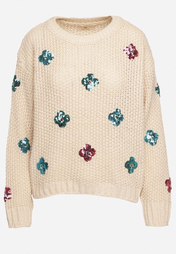 Born2be - Beżowy Sweter z Tłoczonej Dzianiny z Wiskozą Zdobiony Cekinowymi Kwiatami Edamara. Okazja: na co dzień. Kolor: beżowy. Materiał: wiskoza, dzianina. Długość rękawa: długi rękaw. Długość: długie. Wzór: kwiaty, aplikacja. Styl: wizytowy, klasyczny, casual