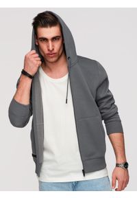 Ombre Clothing - Rozpinana męska dresowa bluza BASIC – grafitowa V11 - Rozmiar: XL. Okazja: na co dzień, na spacer. Typ kołnierza: kaptur. Kolor: szary. Materiał: dresówka. Wzór: aplikacja. Styl: casual