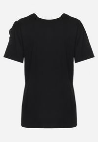 Born2be - Czarny Bawełniany T-shirt z Krótkim Rękawem i Aplikacją w Kształcie Kwiatu z Cyrkoniami Dimantee. Okazja: na co dzień. Kolor: czarny. Materiał: bawełna. Długość rękawa: krótki rękaw. Długość: krótkie. Wzór: kwiaty, aplikacja. Styl: casual, klasyczny