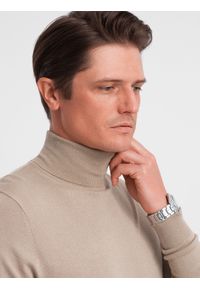 Ombre Clothing - Dzianinowy męski dopasowany golf z wiskozą - beżowy V5 - Rozmiar: XXL. Typ kołnierza: golf. Kolor: beżowy. Materiał: wiskoza, dzianina #4