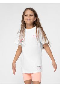 4f - T-shirt z nadrukiem dziewczęcy. Kolor: biały. Materiał: bawełna. Wzór: nadruk