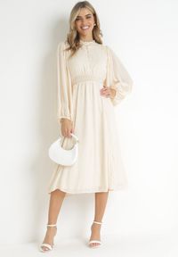 Born2be - Beżowa Elegancka Sukienka Midi z Gumkami w Pasie i Ażurowymi Wstawkami Rouxia. Kolor: beżowy. Wzór: ażurowy. Styl: elegancki. Długość: midi