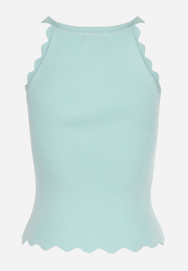 Born2be - Miętowy Klasyczny Top z Prążkowanego Materiału z Wiskozą i Ozdobnym Wykończeniem Grunvia. Okazja: do pracy, na co dzień. Kolor: miętowy. Materiał: wiskoza, prążkowany, materiał. Sezon: lato. Styl: klasyczny