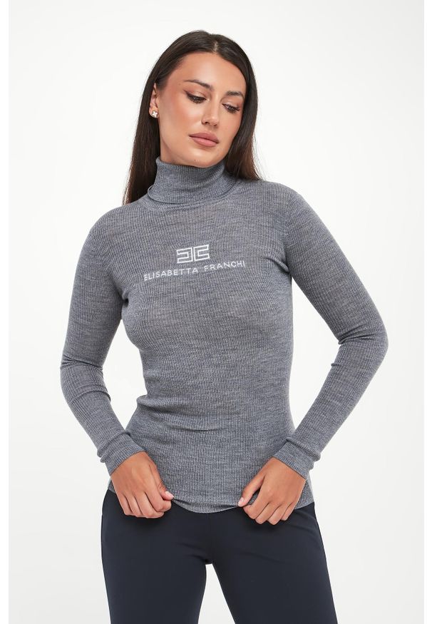 Elisabetta Franchi - Golf damski wełniany z logo ELISABETTA FRANCHI. Typ kołnierza: golf. Materiał: wełna