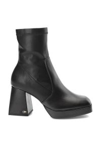 Czarne Botki CheBello Modne Skórzane Buty Na Obcasie. Kolor: czarny. Materiał: skóra. Szerokość cholewki: normalna. Wzór: geometria. Obcas: na obcasie. Wysokość obcasa: średni #5
