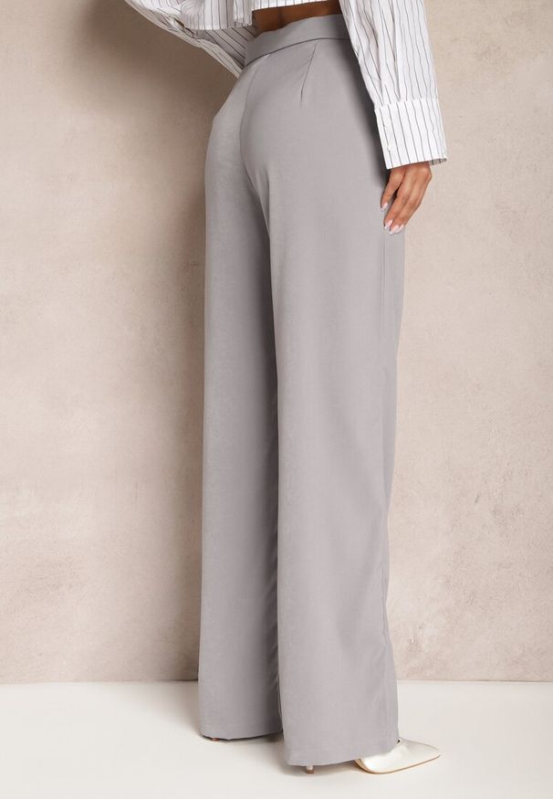 Renee - Szare Szerokie Spodnie z Zapięciem na Haczyk Brutris. Kolor: szary. Styl: elegancki