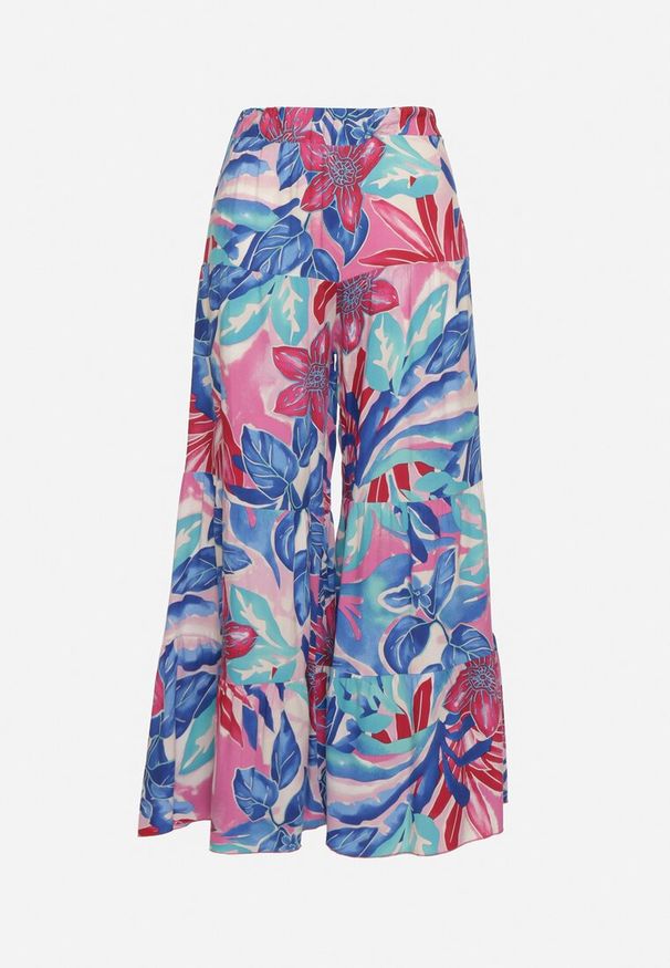 Born2be - Niebiesko-Różowe Spodnie Wiskozowe Palazzo z Wysokim Stanem i Gumką w Pasie Nasone. Okazja: na co dzień. Stan: podwyższony. Kolor: niebieski. Materiał: wiskoza. Długość: długie. Styl: casual, klasyczny