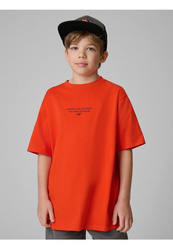 4f - 4F T-shirt loose z nadrukiem chłopięcy - pomarańczowy 158/164 (12-14 lat). Kolor: pomarańczowy. Materiał: materiał. Wzór: nadruk. Sezon: lato