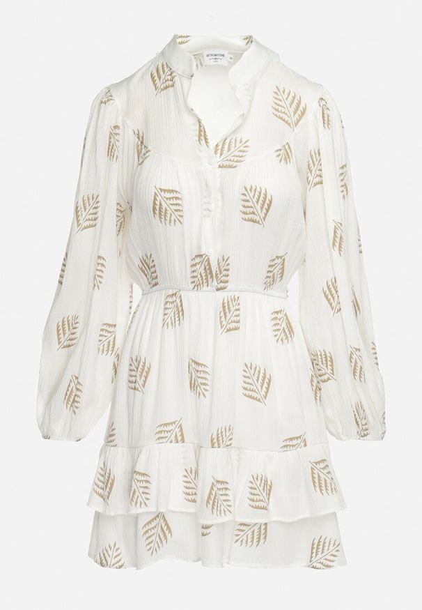 Born2be - Biała Rozkloszowana Sukienka Mini z Falbanką w Liście Rianle. Kolor: biały. Wzór: kwiaty. Typ sukienki: rozkloszowane. Długość: mini