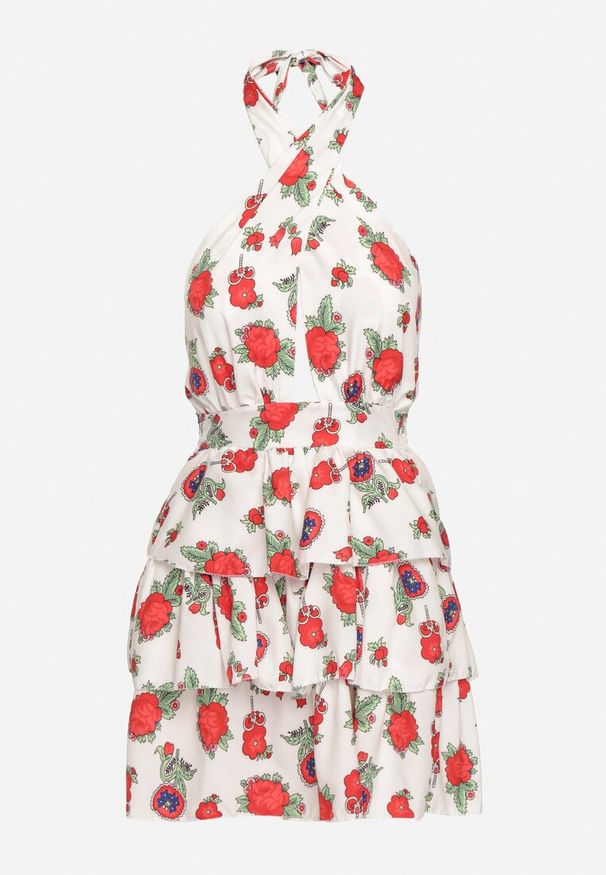 Born2be - Biała Sukienka Wiązana na Szyi w Kwiatowy Print z Falbankami Virivia. Typ kołnierza: kołnierz z falbankami. Kolor: biały. Materiał: jeans. Wzór: kwiaty, nadruk. Styl: elegancki