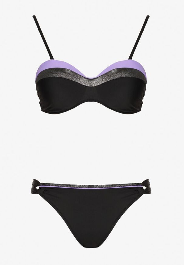 Renee - Fioletowo-Czarne Bikini z Metaliczną Nicią Usztywniany Biustonosz i Figi Mitelle. Kolor: fioletowy. Wzór: aplikacja